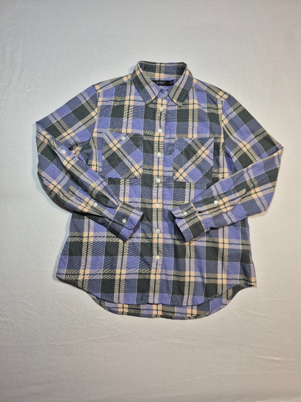 Lauren Ralf  Lauren Womens Plaid Shirt PM Petite Medium Multicolor Roll Tab Top